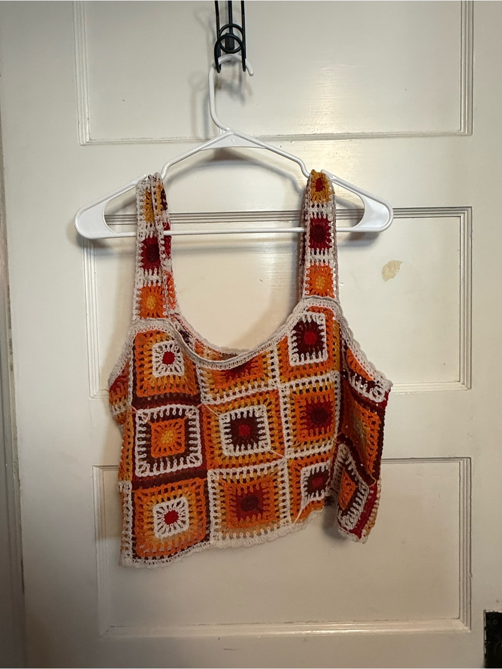 33 Coastal orange and brown multicolor crochet tank with square patchwork SZ Med